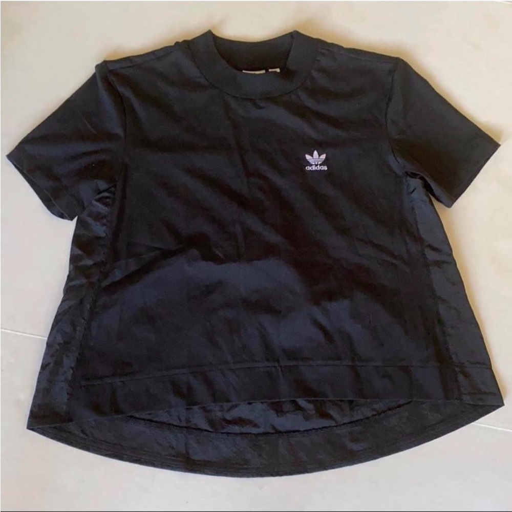 Adidas Women's Roomy Crew Neck Mixed
Media Short Sleeve Black Tee Shirt Top S